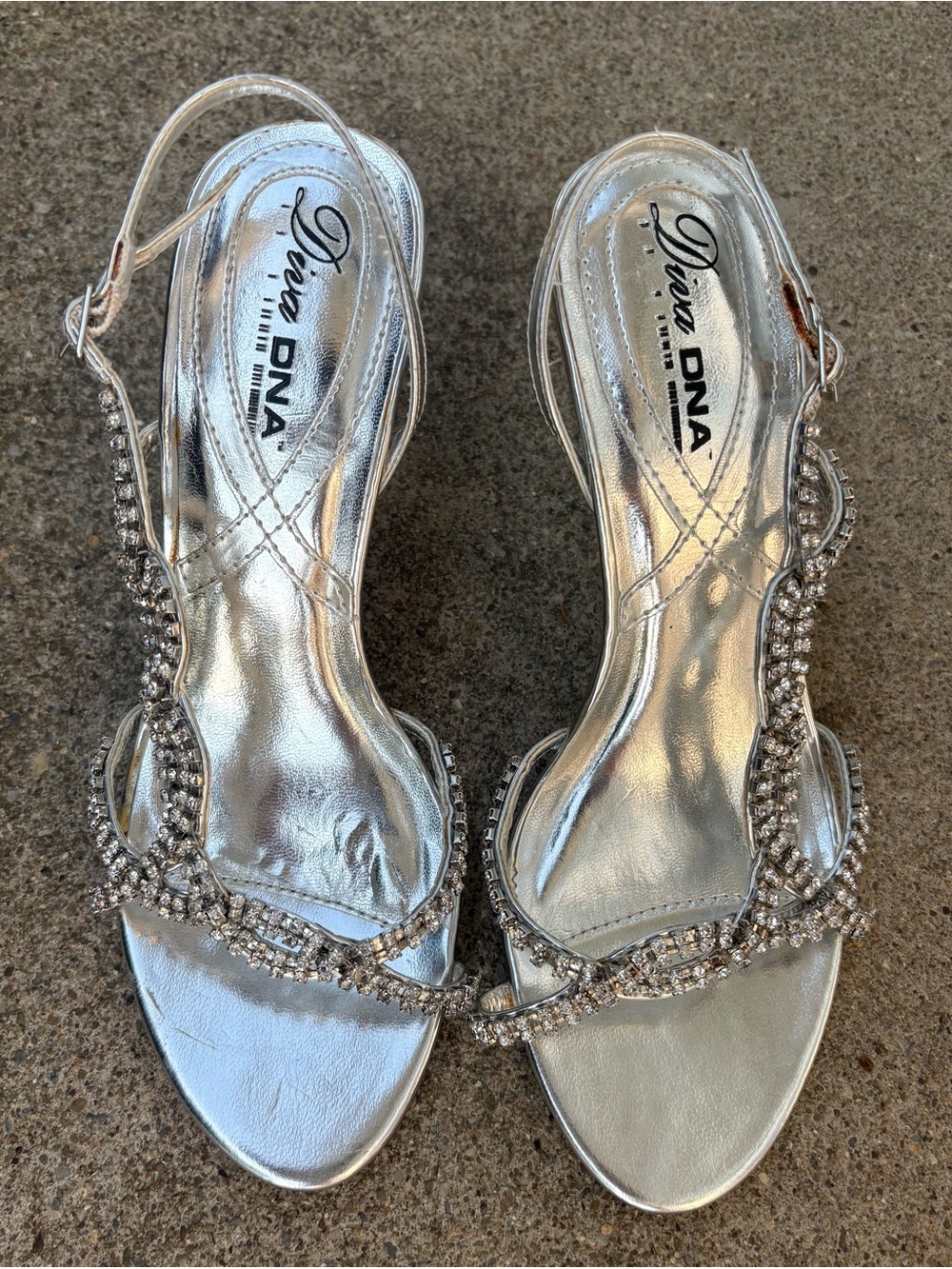 Diva DNA Metallic Silver Rhinestone Slingback Sandal Heels